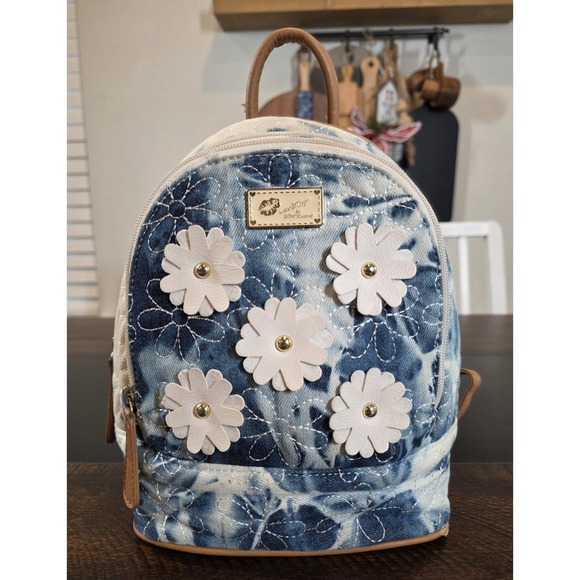 Betsey Johnson Tie Dye Denim Mini Backpack Blue Jean Quilted Flowers Bag 90s y2k - Picture 1 of 15